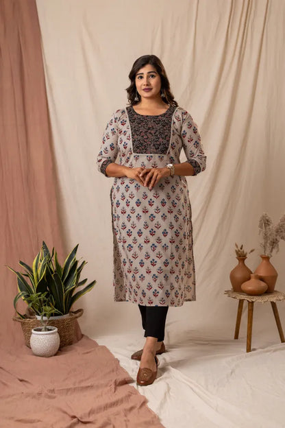 Amthi Beige Rayon Floral Printed Straight Kurta For Women