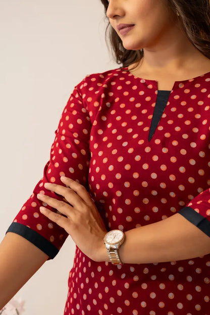 Amthi Women’s Pure Cotton Red Polka Dot Straight Kurta | Daily Wear Kurti |
