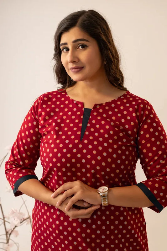 Amthi Women’s Pure Cotton Red Polka Dot Straight Kurta | Daily Wear Kurti |
