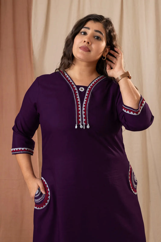 Amthi Women's Purple Embroidered Rayon Straight Kurta Pant Set