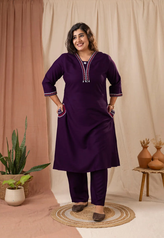 Amthi Women's Purple Embroidered Rayon Straight Kurta Pant Set