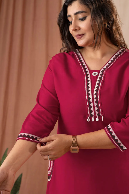 Amthi Women's Rani Pink Rayon Straight Kurta Pant Set with Embroidered Neckline