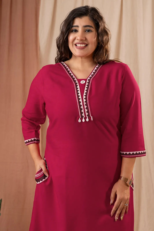 Amthi Women's Rani Pink Rayon Straight Kurta Pant Set with Embroidered Neckline