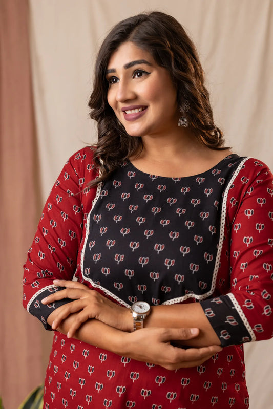 Amthi Women’s Red & Black Soft Rayon Printed Kurti | Sizes M to 6XL
