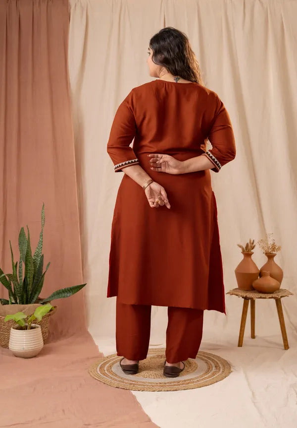 Amthi Women's Rust Rayon Embroidered Straight Kurta Pant Set