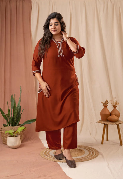 Amthi Women's Rust Rayon Embroidered Straight Kurta Pant Set