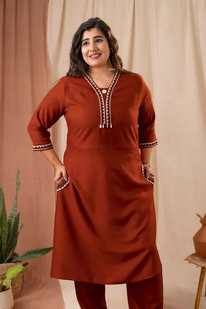 Amthi Women's Rust Rayon Embroidered Straight Kurta Pant Set