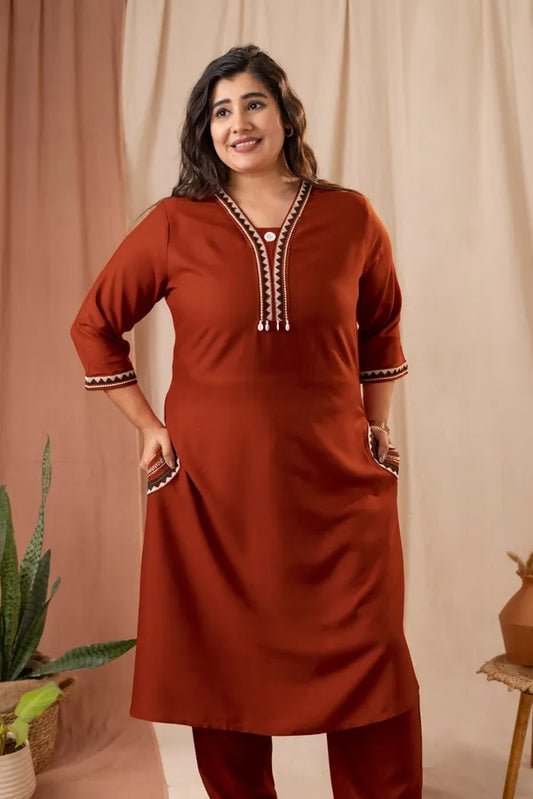 Amthi Women's Rust Rayon Embroidered Straight Kurta Pant Set