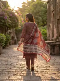 Amthi Women's  Maroon Ajrakh Printed Cotton Kurta with Trousers & Dupatta