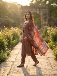 Amthi Women's  Maroon Ajrakh Printed Cotton Kurta with Trousers & Dupatta