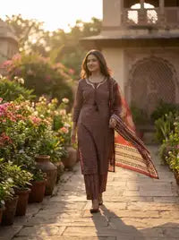 Amthi Women's  Maroon Ajrakh Printed Cotton Kurta with Trousers & Dupatta