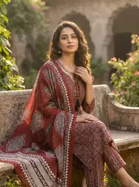 Amthi Women's  Maroon Ajrakh Printed Cotton Kurta with Trousers & Dupatta