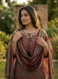 Amthi Women's  Maroon Ajrakh Printed Cotton Kurta with Trousers & Dupatta