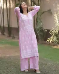 Pink Rayon 3/4 Sleeve Round Neck Lakhnavi Kurta & Palazzo Set For Women