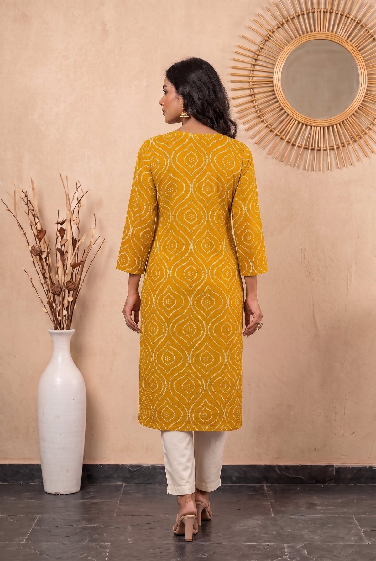 Amthi Mustard Bandhani Print Straight Kurta| Rayon Daily Wear Kurti For Women