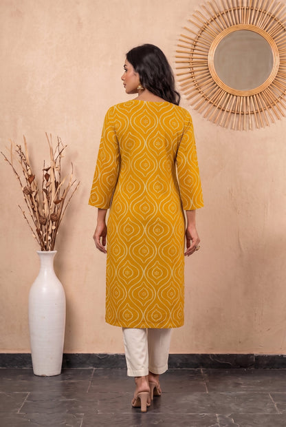 Amthi Mustard Bandhani Print Straight Kurta| Rayon Daily Wear Kurti For Women