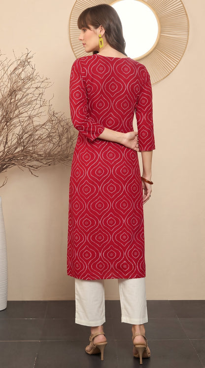 Amthi Maroon Bandhani Print Straight Kurta| Rayon Daily Wear Kurti For Women