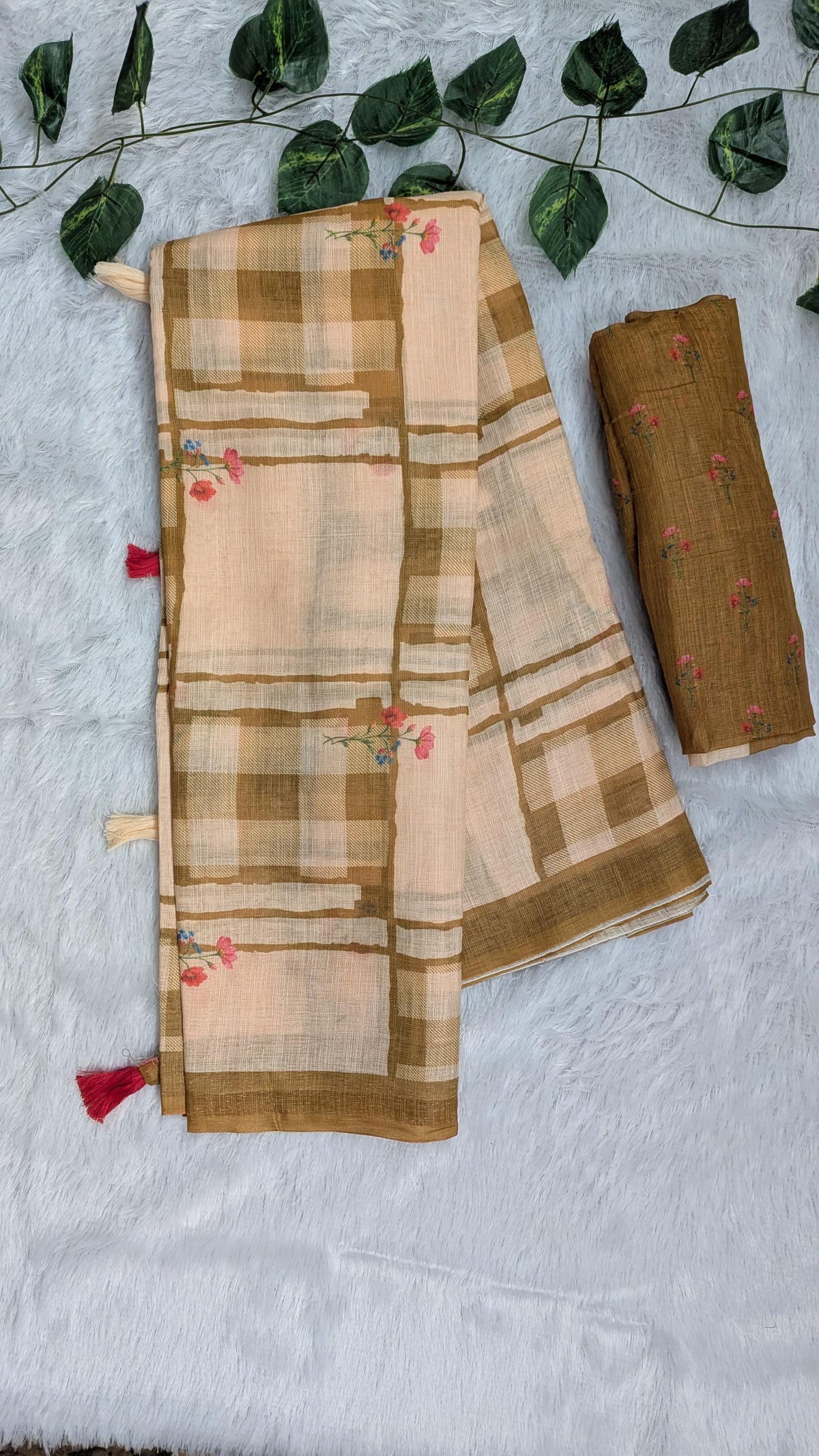 Amthi Beige Linen Cotton Saree with Mustard Check and Floral Print