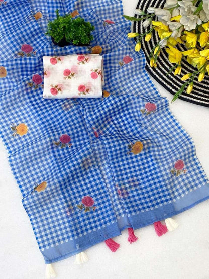 Amthi Blue Digital Print Linen Cotton Saree with Contrast Blouse Piece