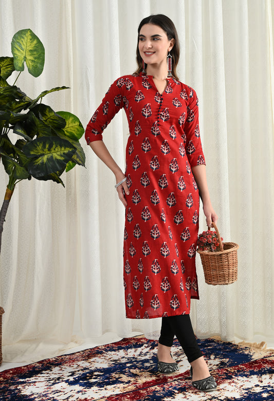 Amthi Red Pure Cotton Floral Block Printed Straight Kurta For Women