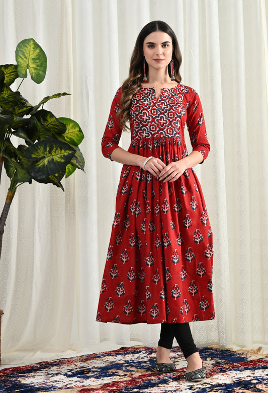 Amthi Red Pure Cotton Floral Print Anarkali Kurti For Women