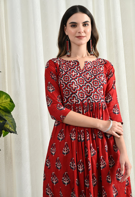 Amthi Red Pure Cotton Floral Print Anarkali Kurti For Women