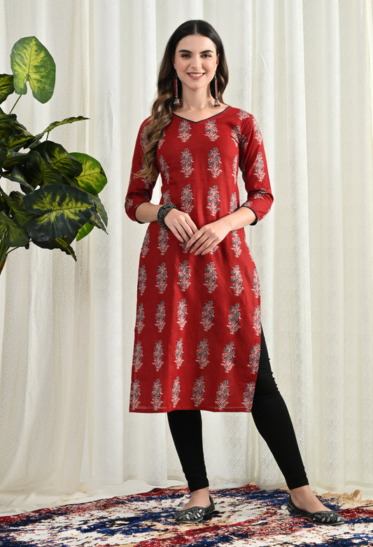 Amthi Red Pure Cotton V- Neck Floral Print Long Kurti For Women