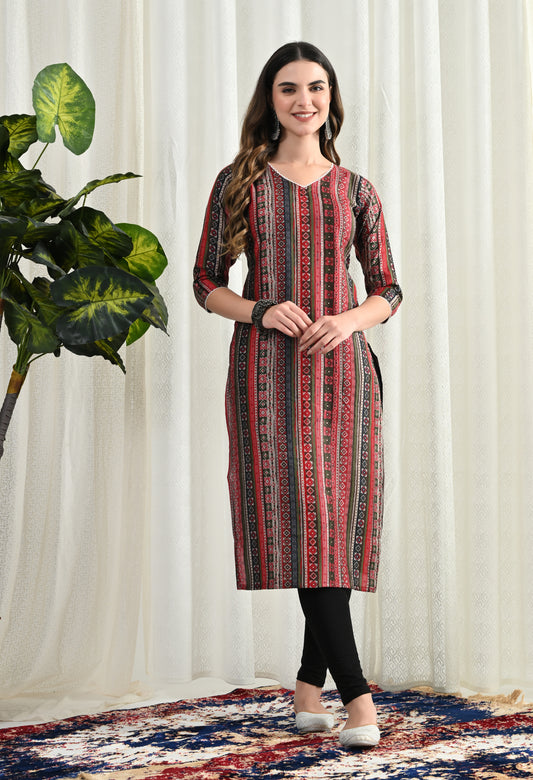 Amthi Red Chanderi V - Neck Geometric Printed Kurta For Women