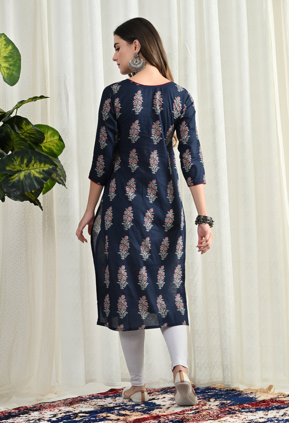 Amthi Blue Pure Cotton V- Neck Floral Print Long Kurti For Women