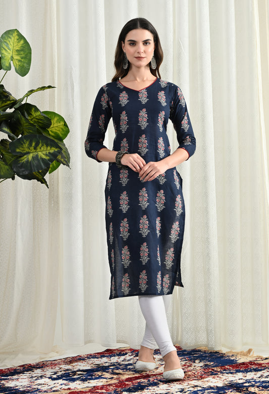 Amthi Blue Pure Cotton V- Neck Floral Print Long Kurti For Women