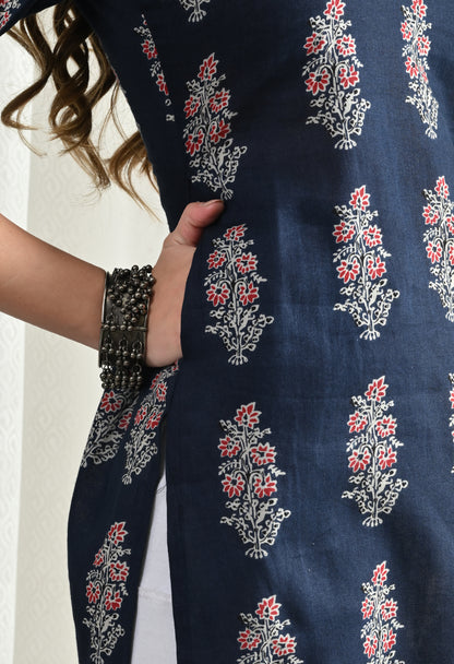 Amthi Blue Pure Cotton V- Neck Floral Print Long Kurti For Women