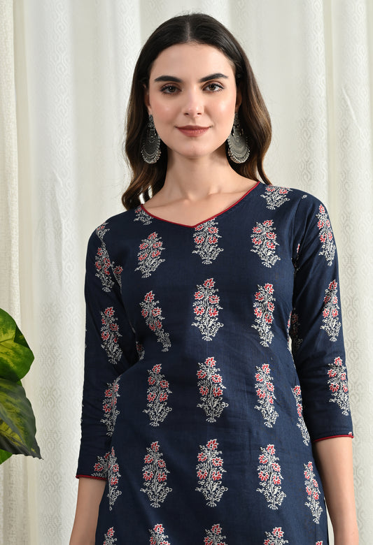Amthi Blue Pure Cotton V- Neck Floral Print Long Kurti For Women