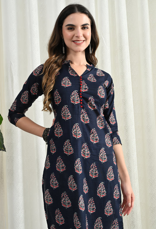 Amthi Blue Pure Cotton Floral Print Long Kurti For Women | Daily Wear Kurta