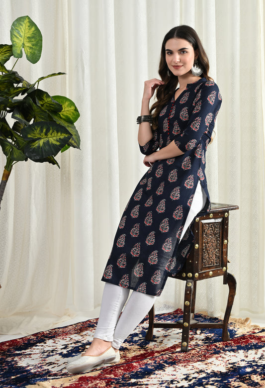 Amthi Blue Pure Cotton Floral Print Long Kurti For Women | Daily Wear Kurta