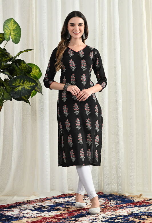 Amthi Black Pure Cotton Floral Print Kurta For Women| Daily Wear Kurti