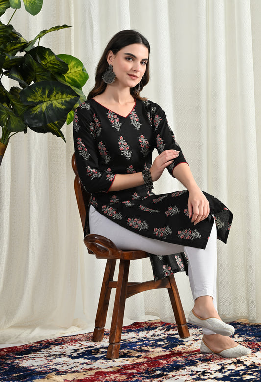 Amthi Black Pure Cotton Floral Print Kurta For Women| Daily Wear Kurti