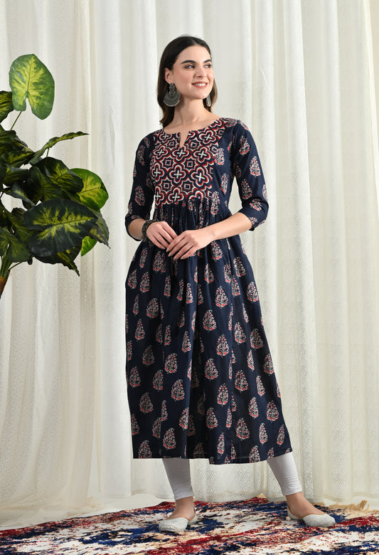 Amthi Navy Blue Floral Printed Cotton Anarkali Kurti For Women