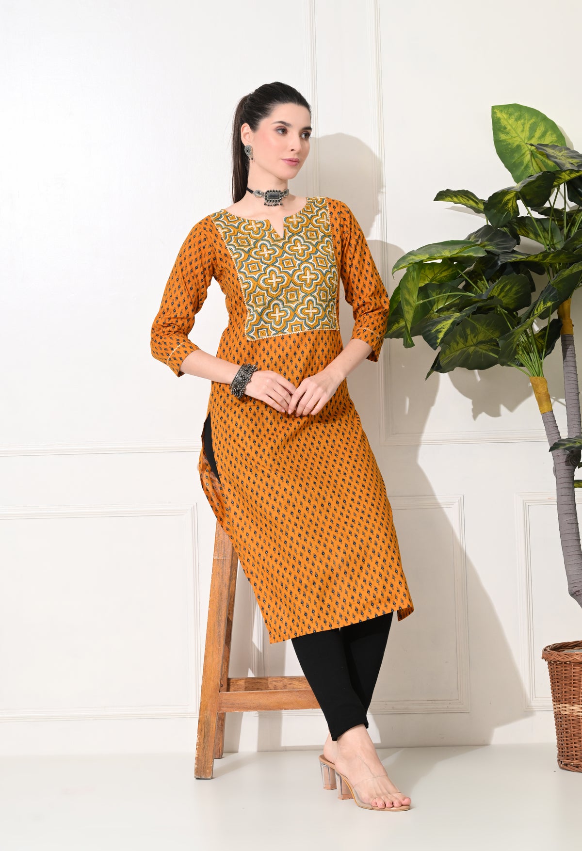 Amthi Mustard Floral Print Cotton Straight Kurta