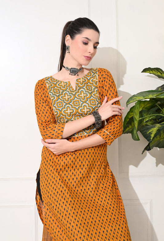 Amthi Mustard Floral Print Cotton Straight Kurta
