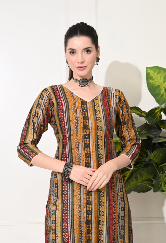 Amthi Mustard Chanderi V -Neck Geometric Print Kurta For Women
