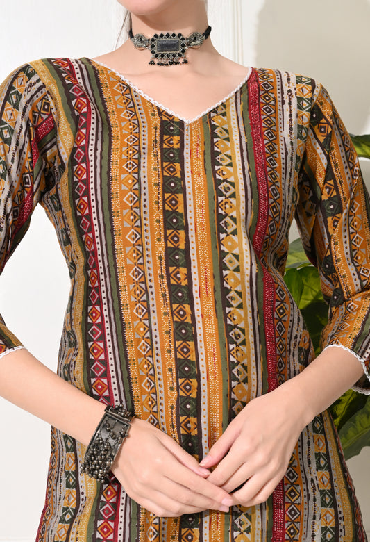 Amthi Mustard Chanderi V -Neck Geometric Print Kurta For Women
