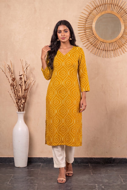 Amthi Mustard Bandhani Print Straight Kurta| Rayon Daily Wear Kurti For Women