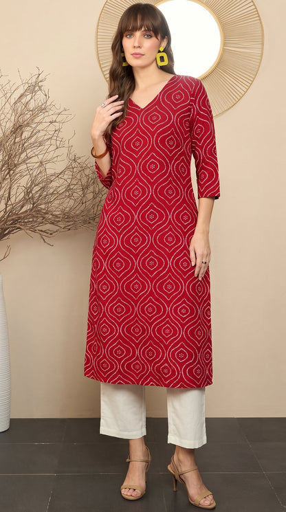 Amthi Maroon Bandhani Print Straight Kurta| Rayon Daily Wear Kurti For Women