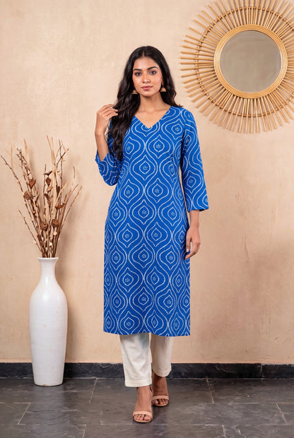 Amthi Blue Bandhani Print Straight Kurta| Rayon Daily Wear Kurti For Women