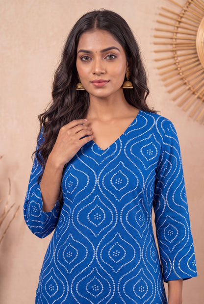 Amthi Blue Bandhani Print Straight Kurta| Rayon Daily Wear Kurti For Women