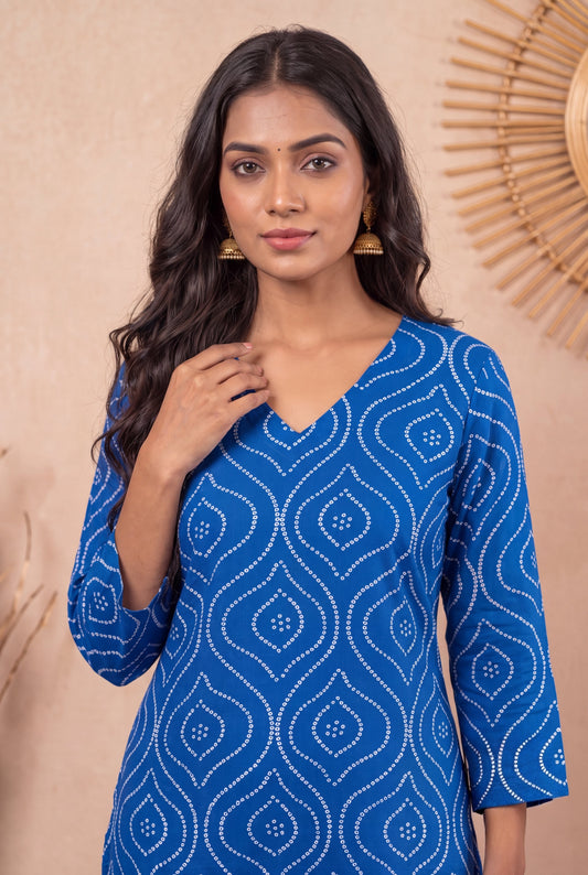 Amthi Blue Bandhani Print Straight Kurta| Rayon Daily Wear Kurti For Women