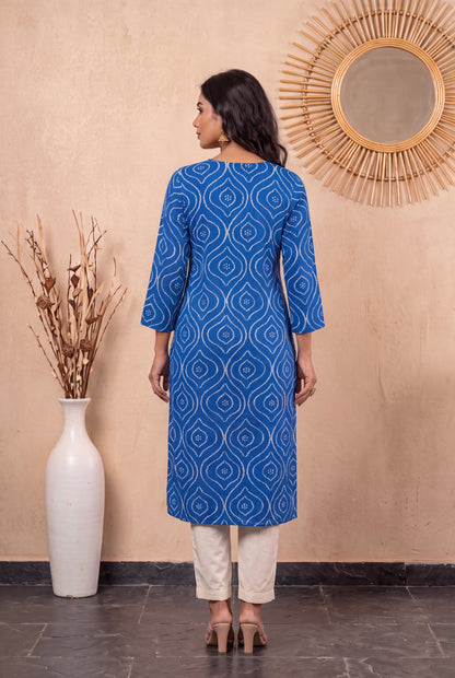 Amthi Blue Bandhani Print Straight Kurta| Rayon Daily Wear Kurti For Women