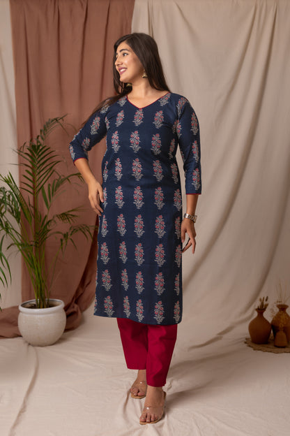 Amthi Women's Navy Blue V- Neck Floral Printed Straight Kurta