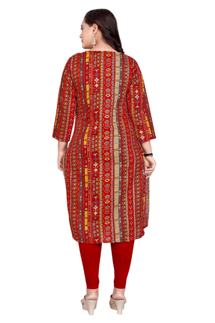Amthi Red Ethnic Foil Print Cotton Blend Kurta for Women