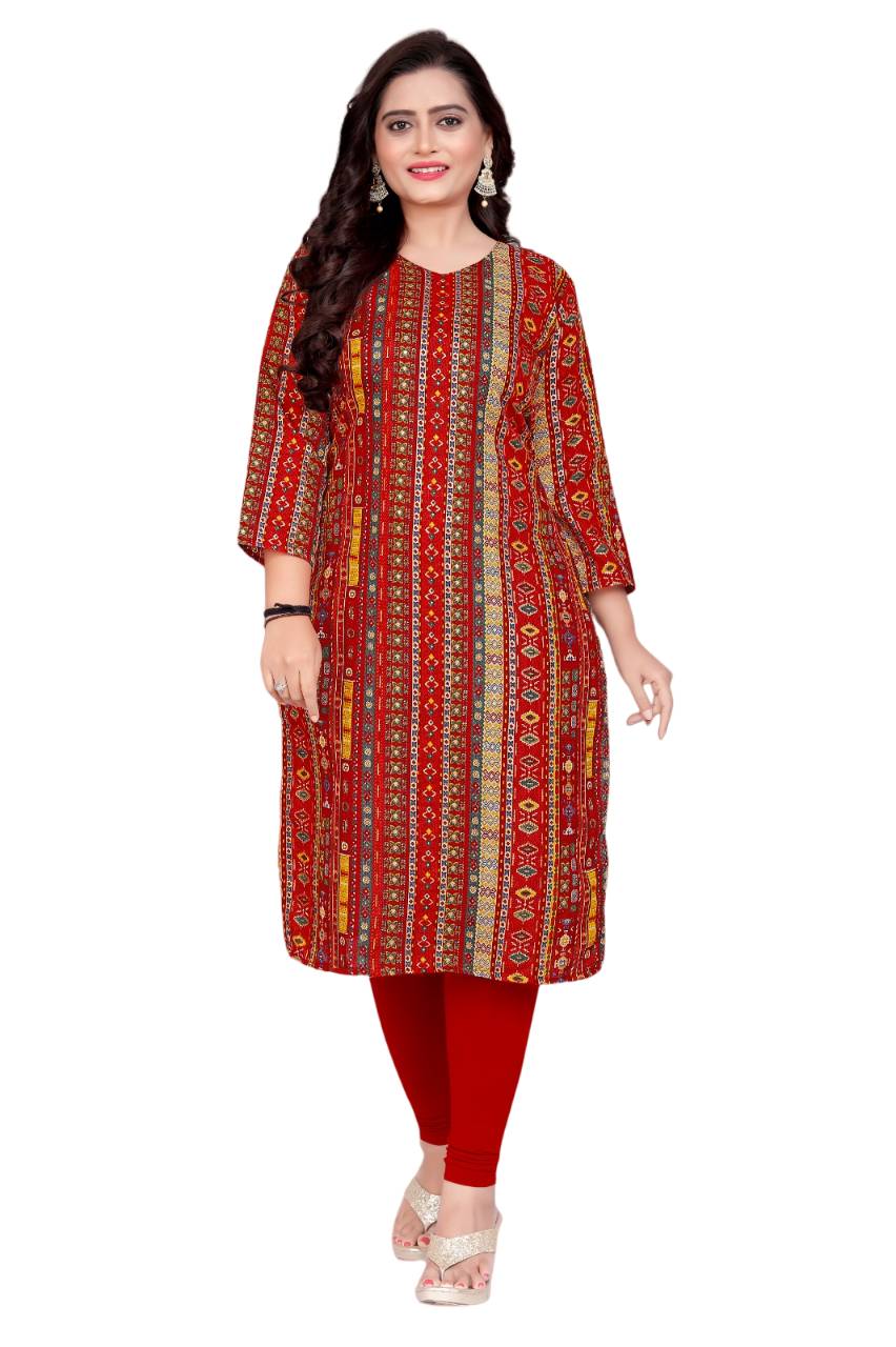 Amthi Red Ethnic Foil Print Cotton Blend Kurta for Women